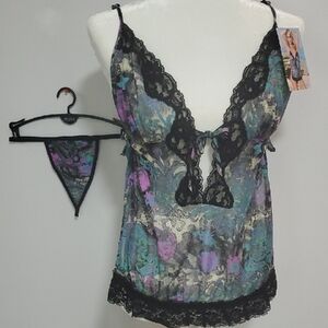 Black and Purple Lace Chemise with Floral Accents